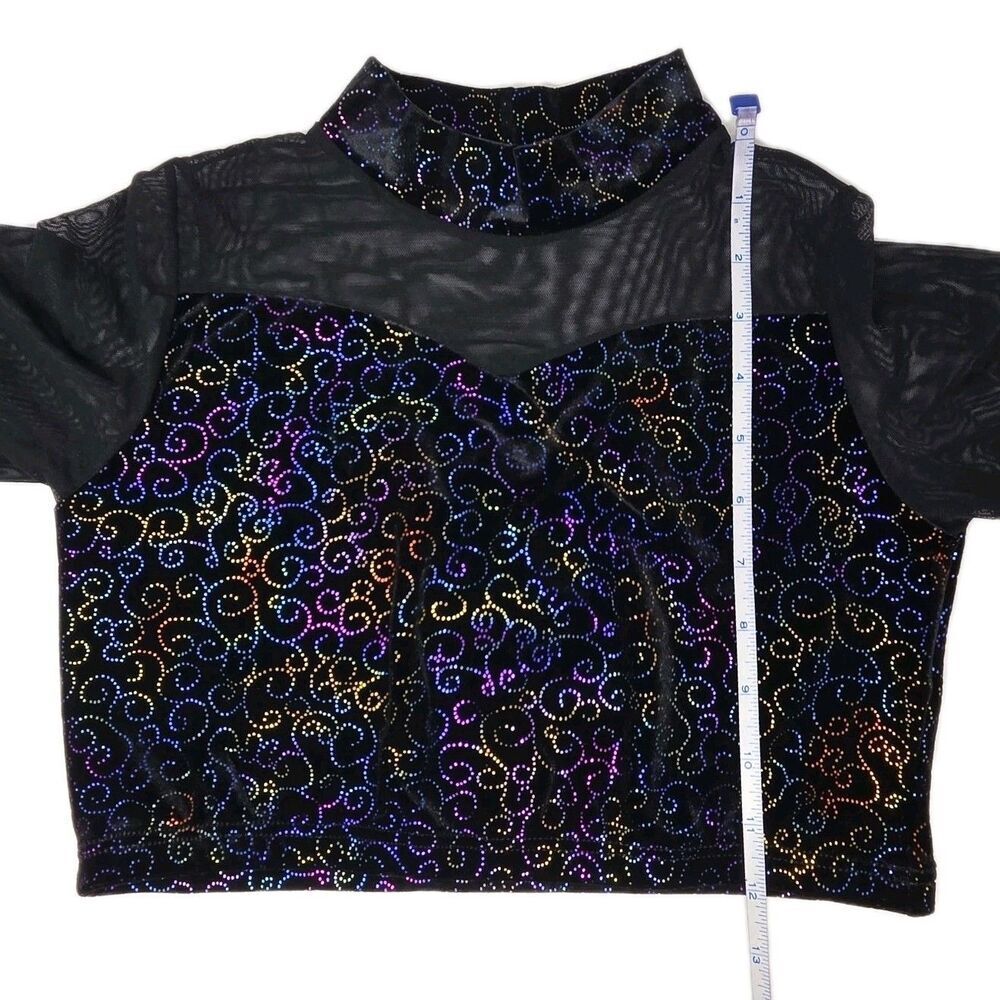 Body Wrappers VTG Mesh Velvet LS Mock Neck Dance Midriff Bling Top Preteen (XS) - Picture 15 of 16